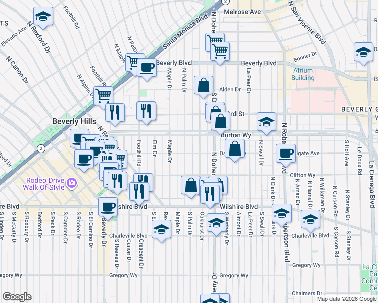 map of restaurants, bars, coffee shops, grocery stores, and more near 300 North Palm Drive in Beverly Hills