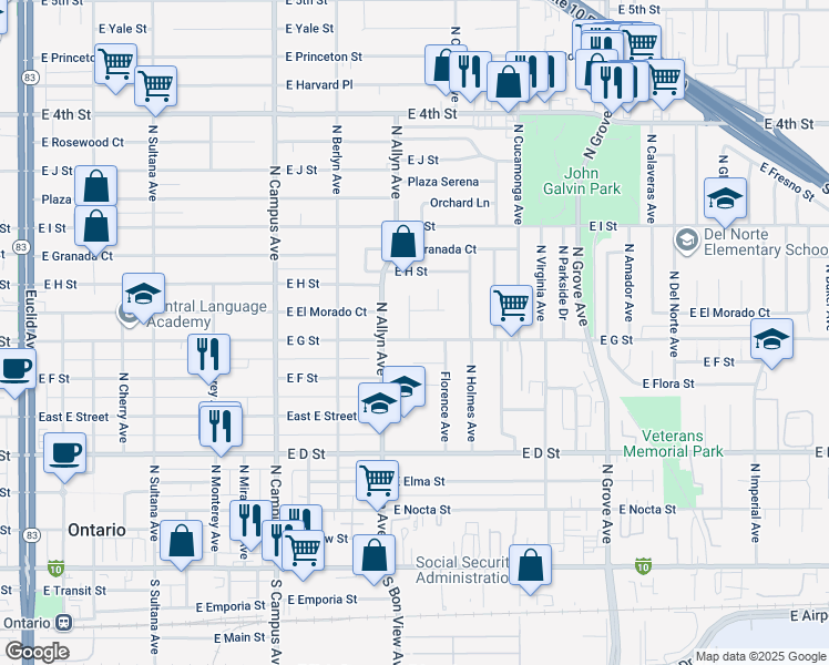 map of restaurants, bars, coffee shops, grocery stores, and more near 708 North Greenwood Avenue in Ontario