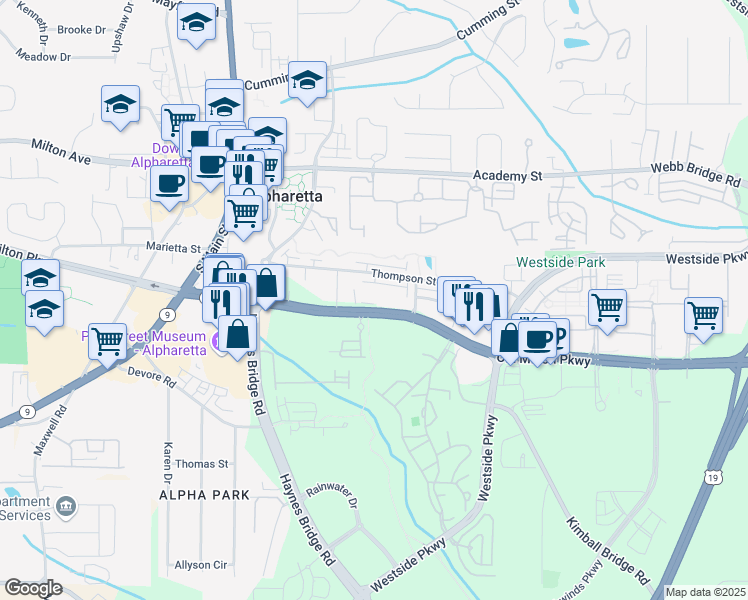 map of restaurants, bars, coffee shops, grocery stores, and more near 2440 Old Milton Parkway in Alpharetta