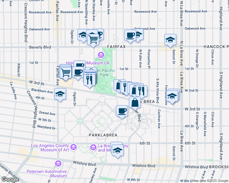 map of restaurants, bars, coffee shops, grocery stores, and more near 191 South Gardner Street in Los Angeles