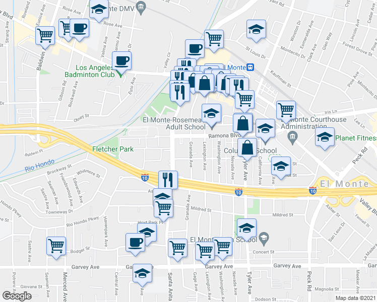 map of restaurants, bars, coffee shops, grocery stores, and more near 3419 Granada Avenue in El Monte