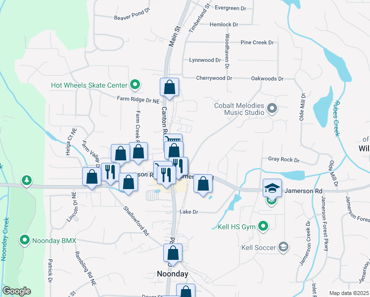 map of restaurants, bars, coffee shops, grocery stores, and more near 4879 Deen Road in Marietta