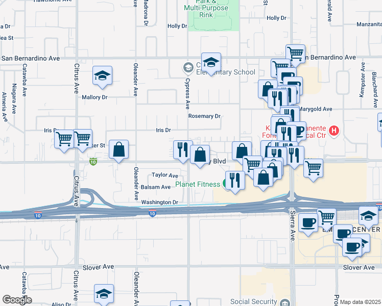 map of restaurants, bars, coffee shops, grocery stores, and more near 10085 Cypress Avenue in Fontana