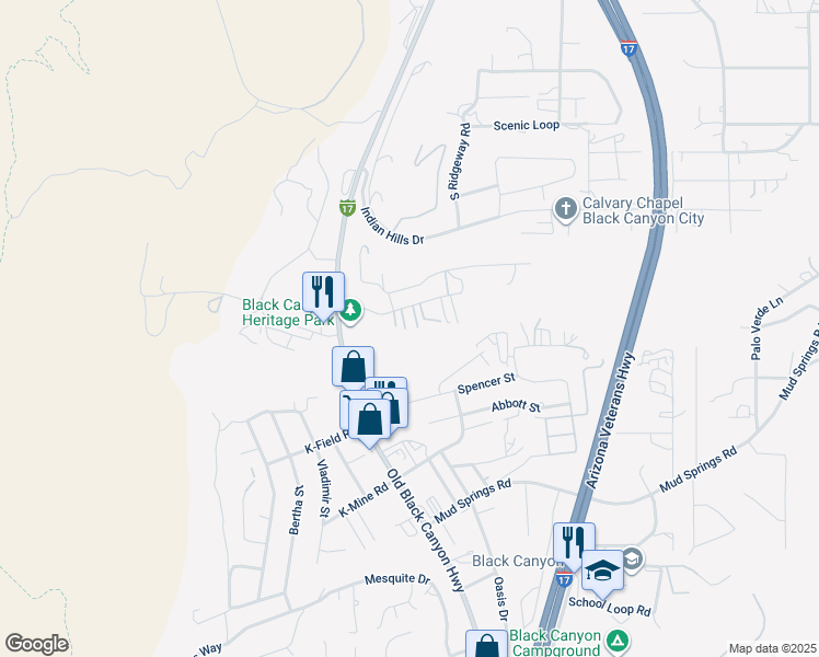 map of restaurants, bars, coffee shops, grocery stores, and more near 19061 Palm Lane Drive in Black Canyon City