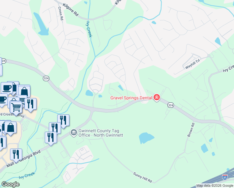 map of restaurants, bars, coffee shops, grocery stores, and more near 3007 Gravel Springs Road in Buford