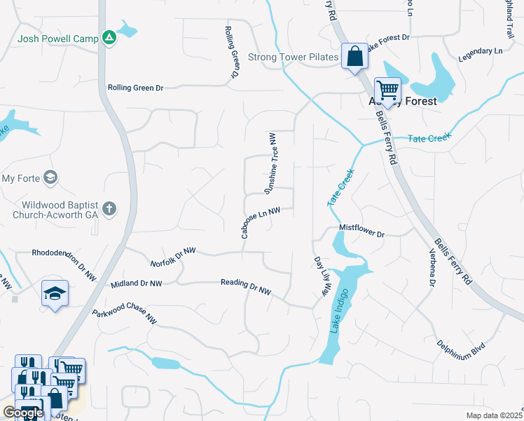 map of restaurants, bars, coffee shops, grocery stores, and more near 4841 Caboose Lane Northwest in Acworth