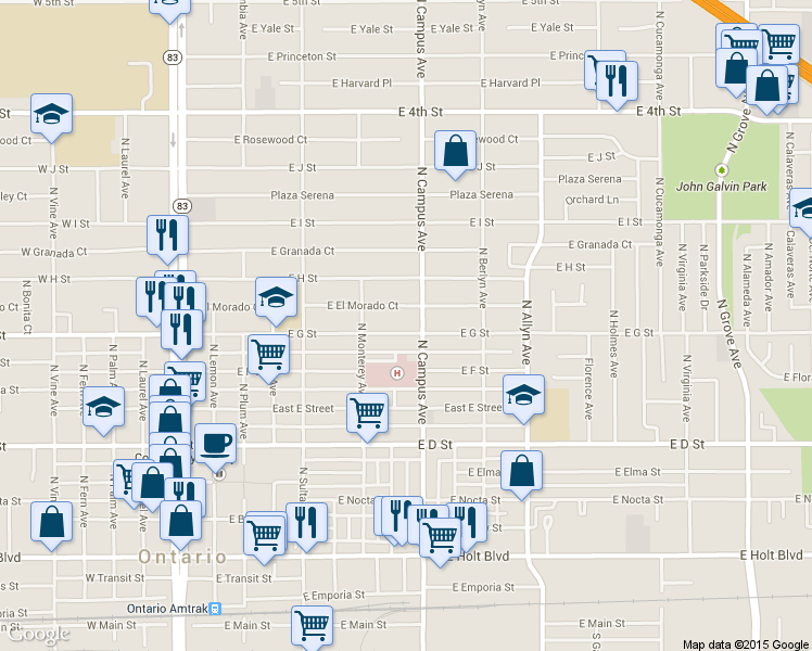 map of restaurants, bars, coffee shops, grocery stores, and more near 649 East G Street in Ontario
