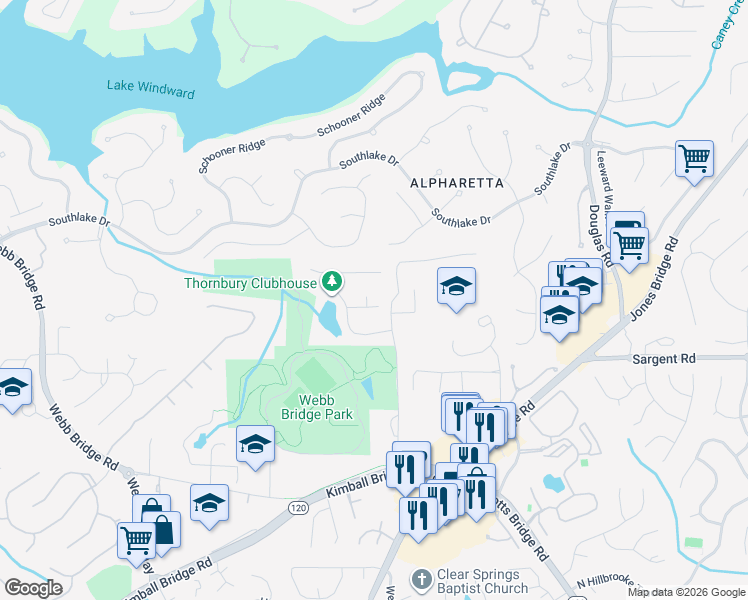 map of restaurants, bars, coffee shops, grocery stores, and more near 230 Foxthorne Way in Alpharetta