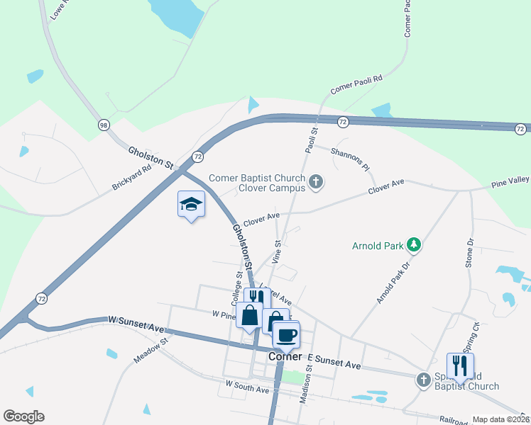 map of restaurants, bars, coffee shops, grocery stores, and more near 103 Clover Avenue in Comer