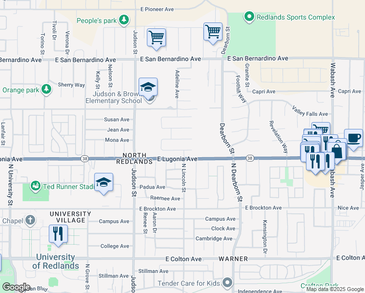 map of restaurants, bars, coffee shops, grocery stores, and more near 1475 Claire Avenue in Redlands