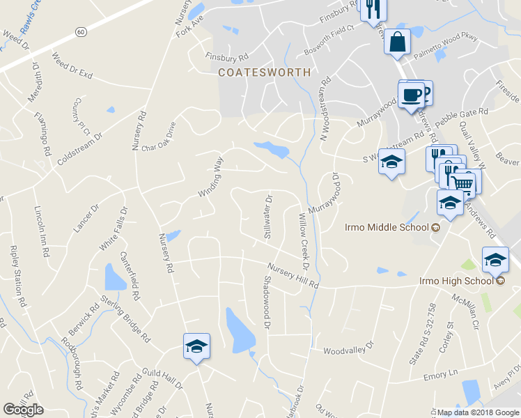 map of restaurants, bars, coffee shops, grocery stores, and more near 1712 Stillwater Drive in Columbia