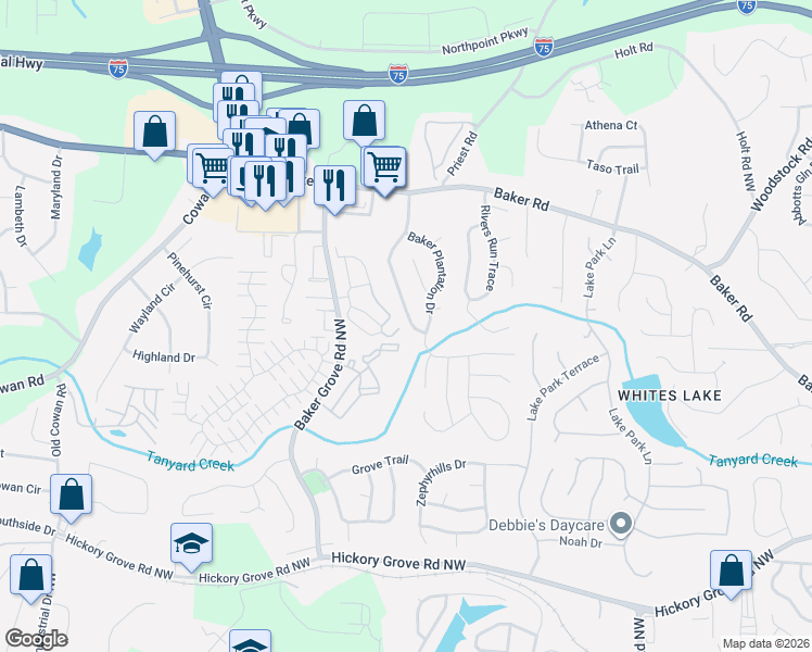 map of restaurants, bars, coffee shops, grocery stores, and more near 4913 Baker Plantation Way in Acworth