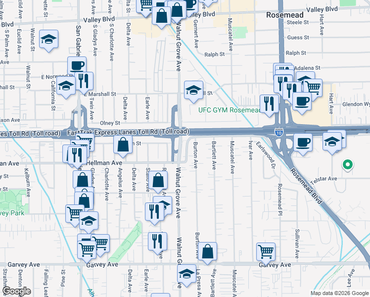 map of restaurants, bars, coffee shops, grocery stores, and more near 8619 Hellman Avenue in Rosemead