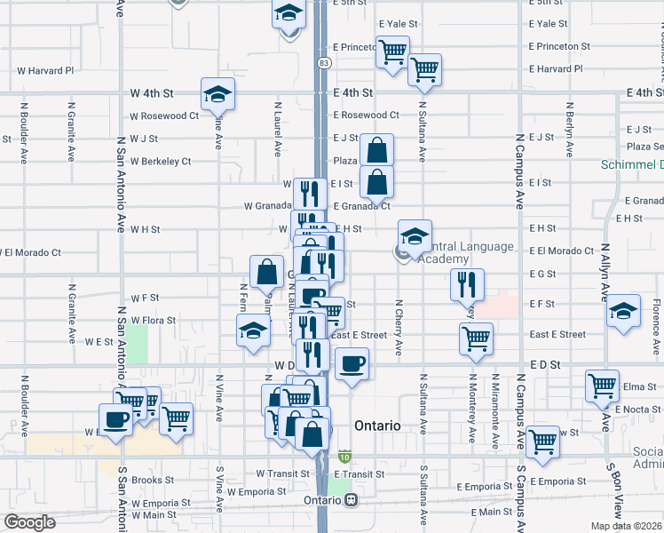 map of restaurants, bars, coffee shops, grocery stores, and more near 706 North Euclid Avenue in Ontario