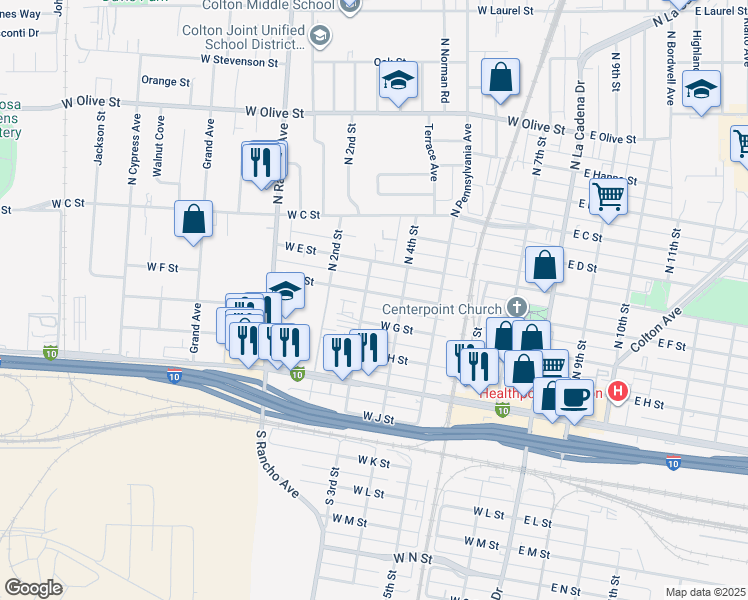 map of restaurants, bars, coffee shops, grocery stores, and more near 582 West F Street in Colton