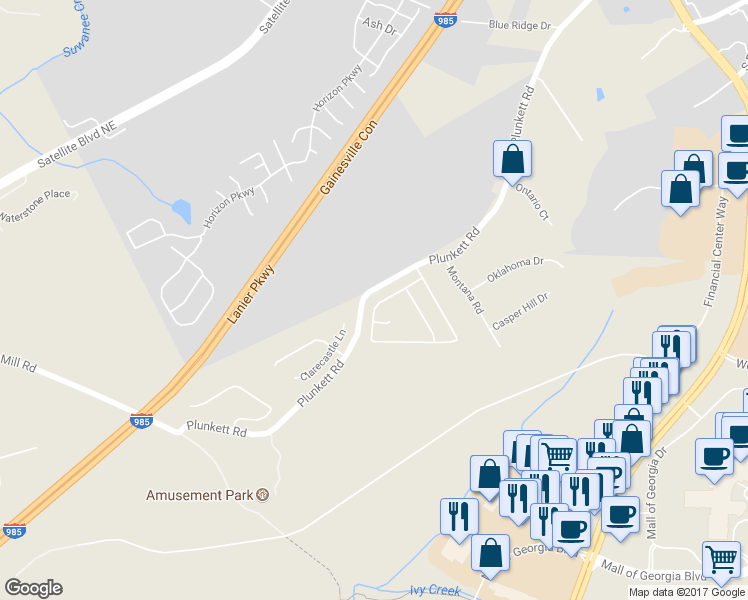 map of restaurants, bars, coffee shops, grocery stores, and more near 2809 Woodward Down Trail in Buford