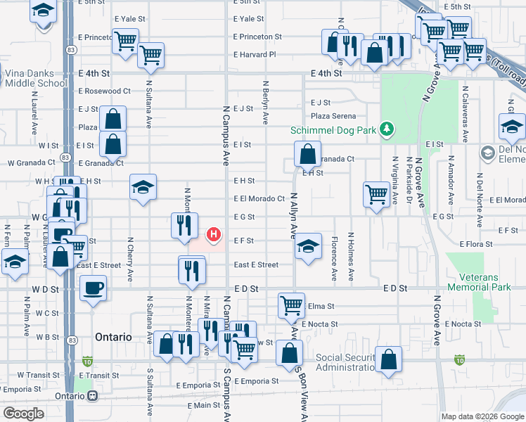 map of restaurants, bars, coffee shops, grocery stores, and more near 763 E G St in Ontario