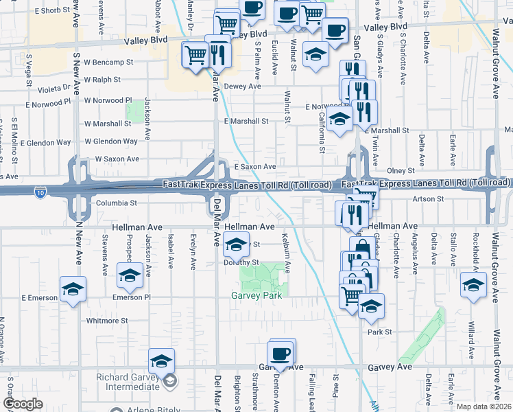 map of restaurants, bars, coffee shops, grocery stores, and more near 7922 Artson Street in Rosemead