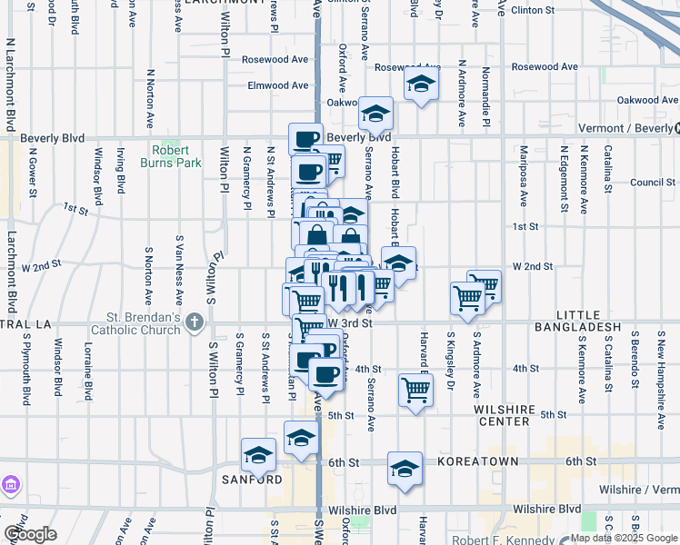 map of restaurants, bars, coffee shops, grocery stores, and more near 201 South Oxford Avenue in Los Angeles