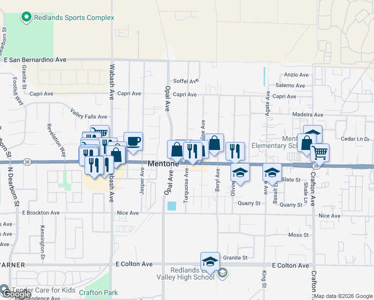 map of restaurants, bars, coffee shops, grocery stores, and more near 1325 Turquoise Avenue in Mentone