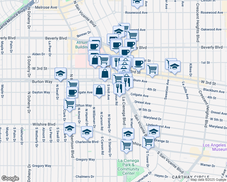 map of restaurants, bars, coffee shops, grocery stores, and more near 8535 Colgate Avenue in Los Angeles