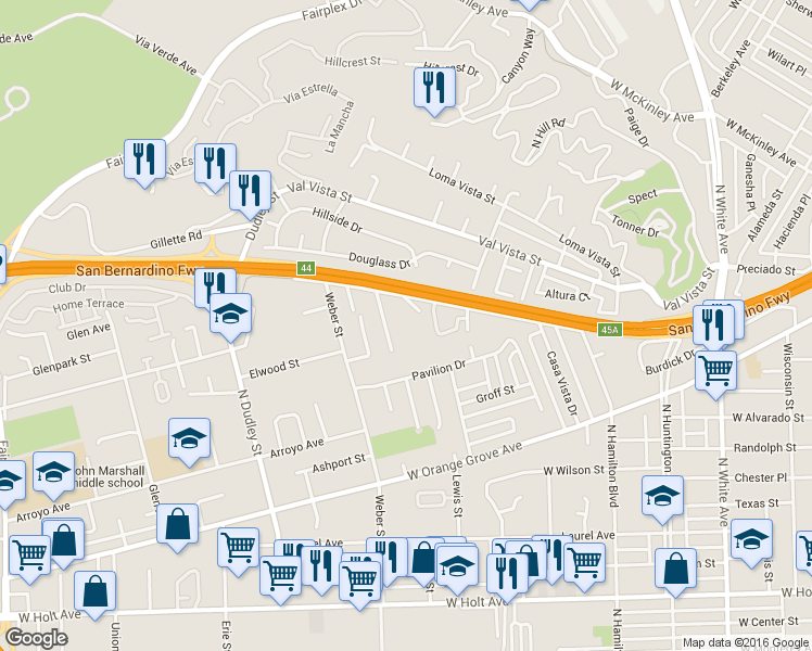 map of restaurants, bars, coffee shops, grocery stores, and more near 1116 Murchison Avenue in Pomona
