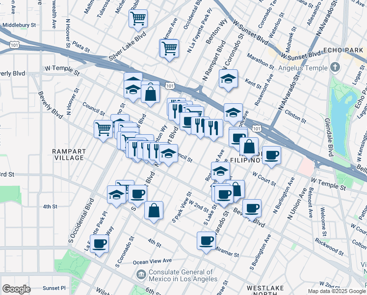 map of restaurants, bars, coffee shops, grocery stores, and more near 207 North Coronado Street in Los Angeles