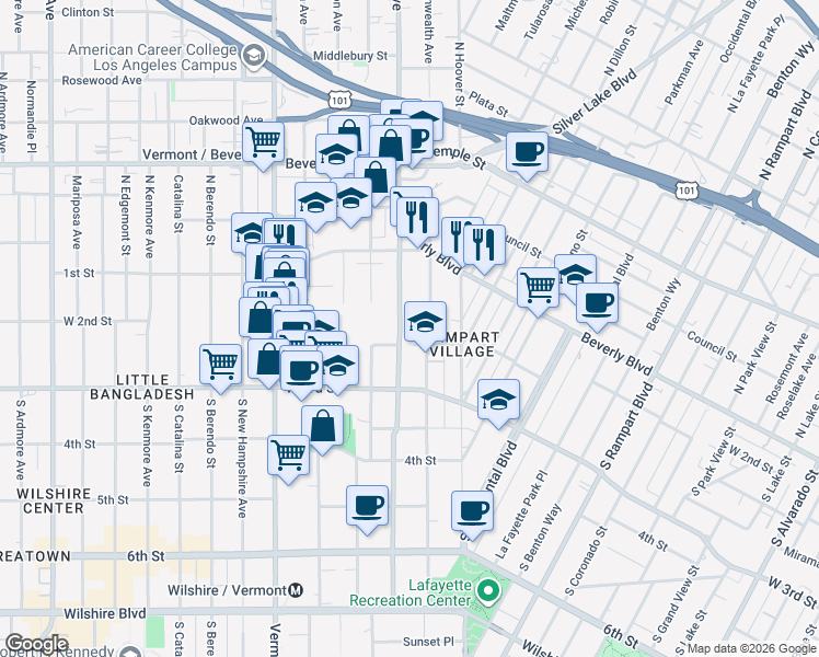 map of restaurants, bars, coffee shops, grocery stores, and more near 186 South Virgil Avenue in Los Angeles