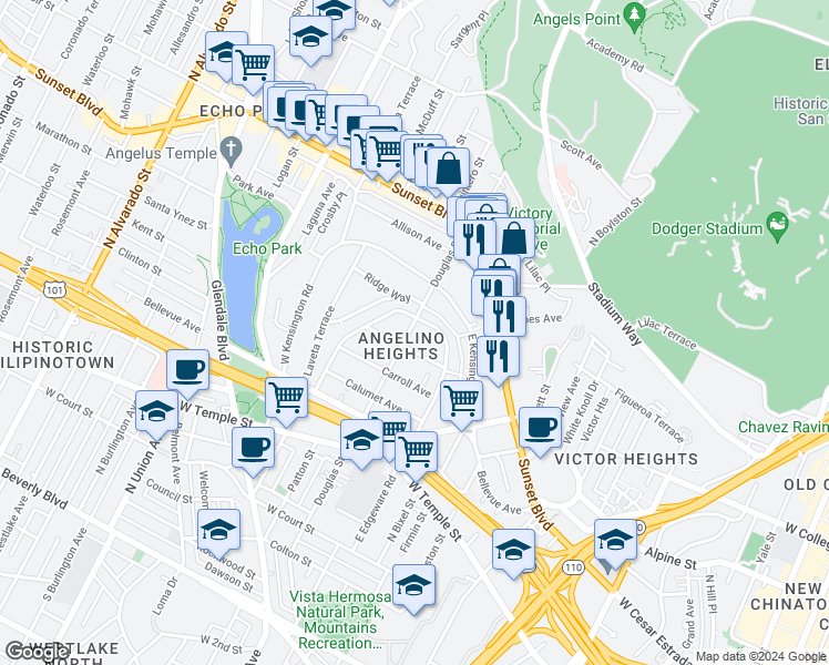 map of restaurants, bars, coffee shops, grocery stores, and more near 916 Douglas Street in Los Angeles