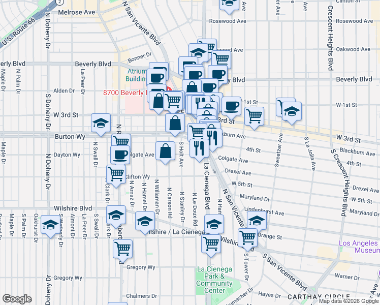 map of restaurants, bars, coffee shops, grocery stores, and more near 8535 Colgate Avenue in Los Angeles