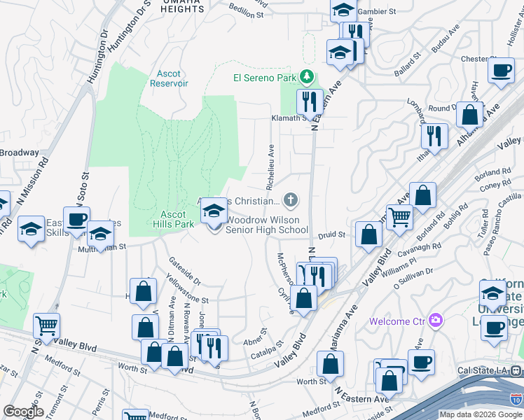 map of restaurants, bars, coffee shops, grocery stores, and more near 2237 Richelieu Avenue in Los Angeles