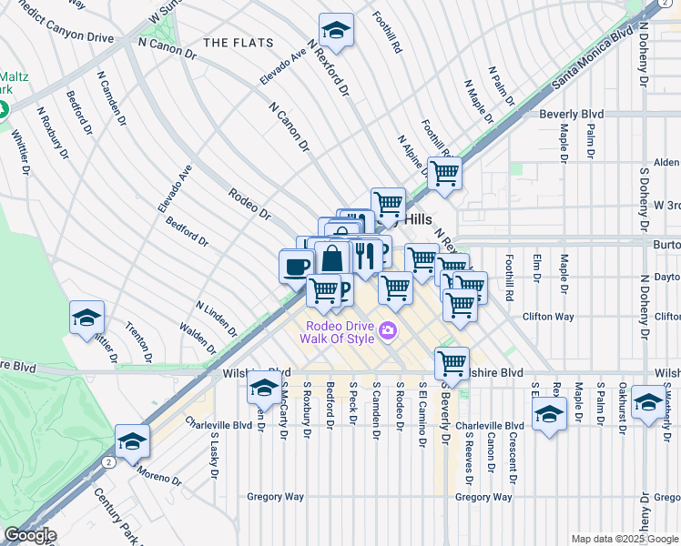 map of restaurants, bars, coffee shops, grocery stores, and more near 9495 South Santa Monica Boulevard in Beverly Hills