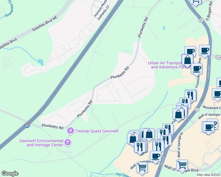 map of restaurants, bars, coffee shops, grocery stores, and more near 3467 Greyhawk Crossing in Buford