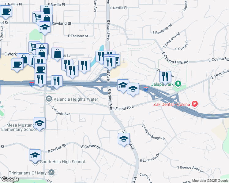 map of restaurants, bars, coffee shops, grocery stores, and more near 3470 East Temple Way in West Covina