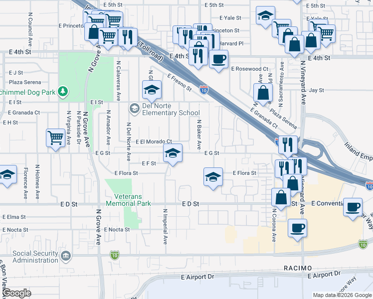 map of restaurants, bars, coffee shops, grocery stores, and more near 1443 East G Street in Ontario