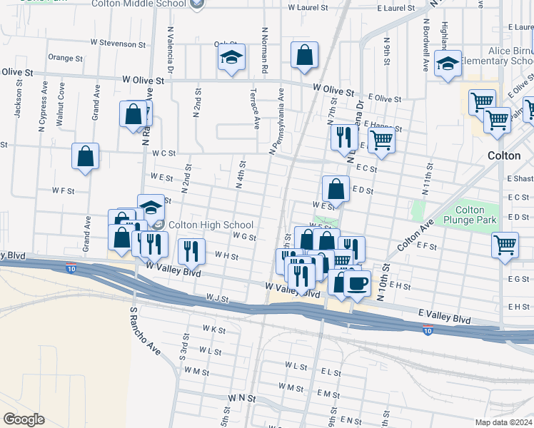map of restaurants, bars, coffee shops, grocery stores, and more near in Colton