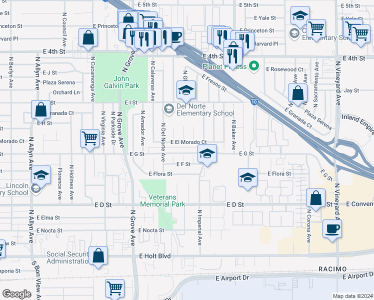 map of restaurants, bars, coffee shops, grocery stores, and more near 1357 E G St in Ontario