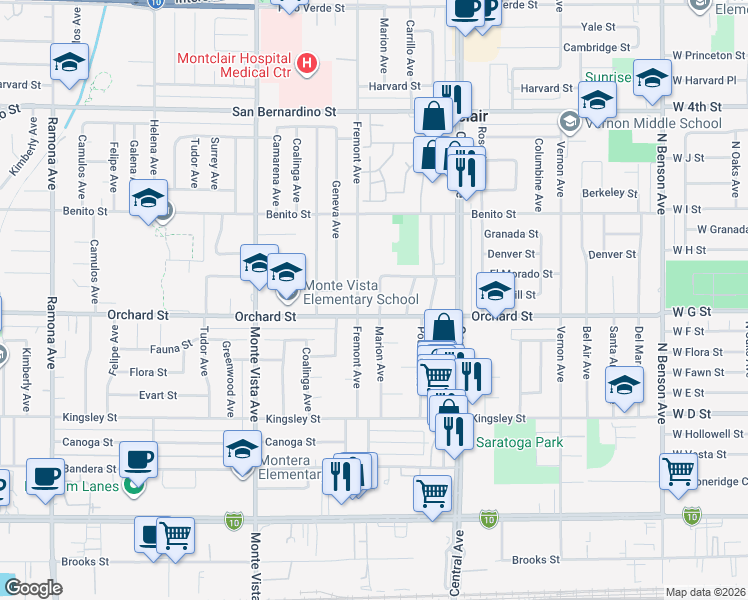 map of restaurants, bars, coffee shops, grocery stores, and more near 10066 Marion Avenue in Montclair