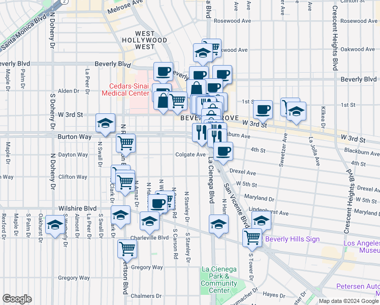 map of restaurants, bars, coffee shops, grocery stores, and more near 8555 Colgate Avenue in Los Angeles