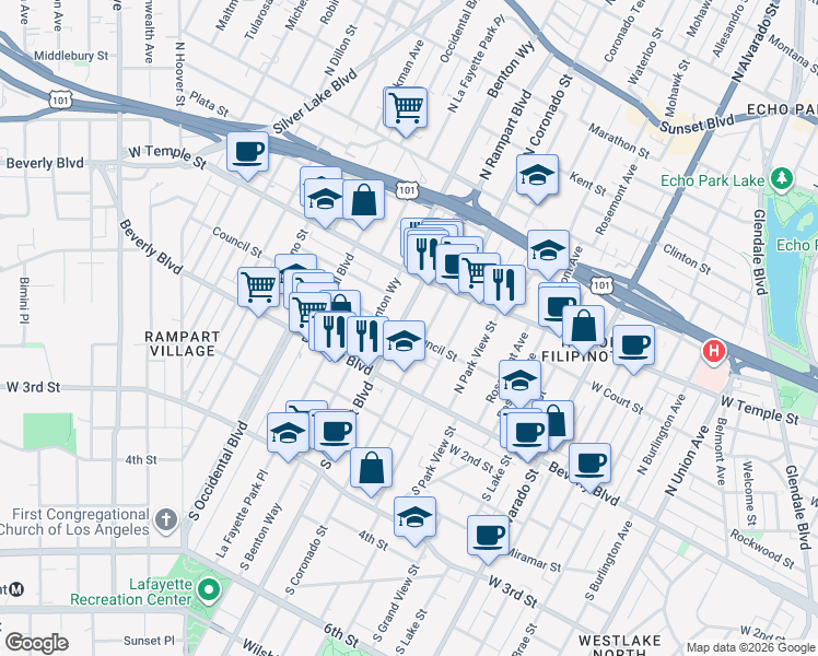 map of restaurants, bars, coffee shops, grocery stores, and more near 207 North Coronado Street in Los Angeles