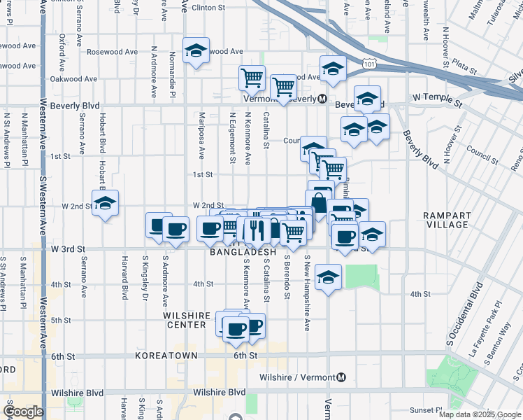 map of restaurants, bars, coffee shops, grocery stores, and more near 157 South Catalina Street in Los Angeles
