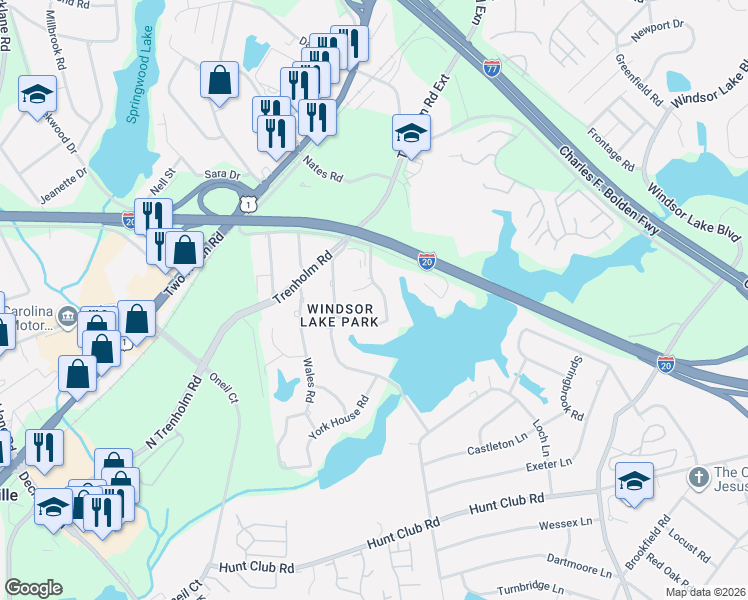 map of restaurants, bars, coffee shops, grocery stores, and more near 215 Windsor Point Road in Columbia
