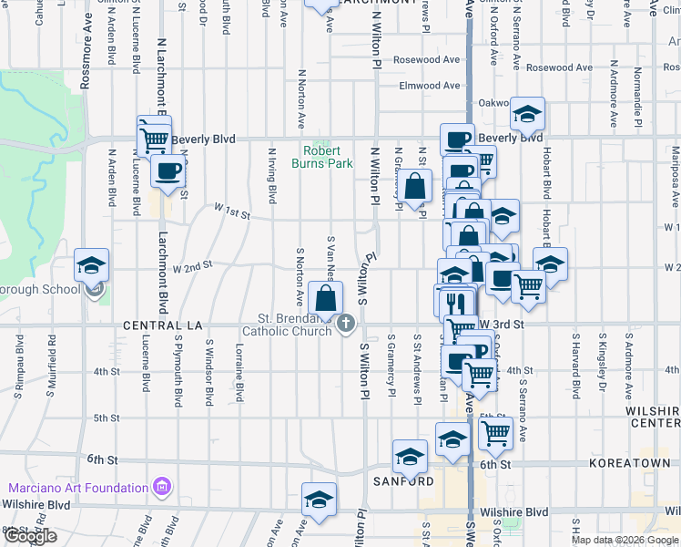 map of restaurants, bars, coffee shops, grocery stores, and more near 202 South Van Ness Avenue in Los Angeles