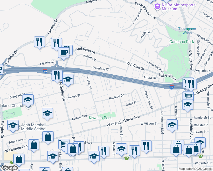 map of restaurants, bars, coffee shops, grocery stores, and more near 1170 Murchison Avenue in Pomona
