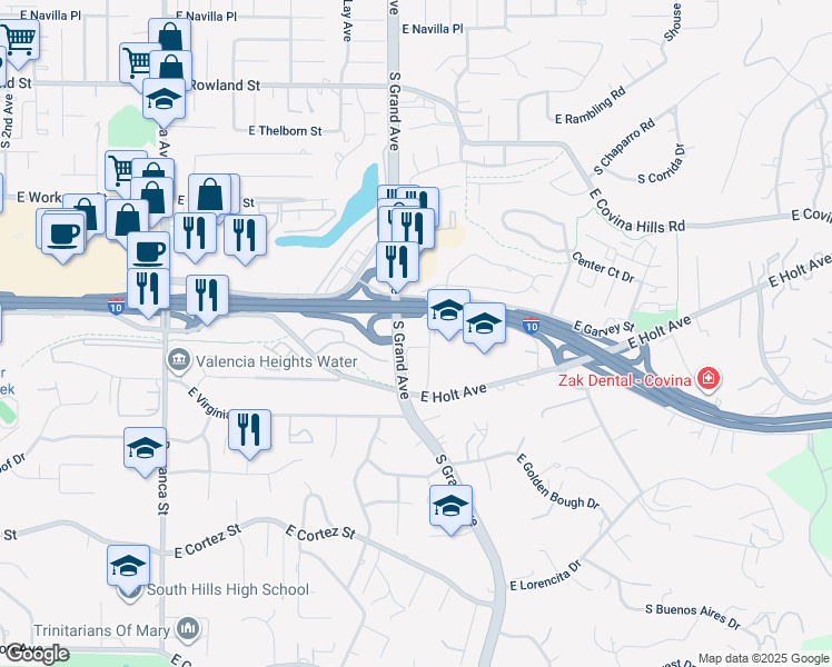 map of restaurants, bars, coffee shops, grocery stores, and more near 3470 East Temple Way in West Covina