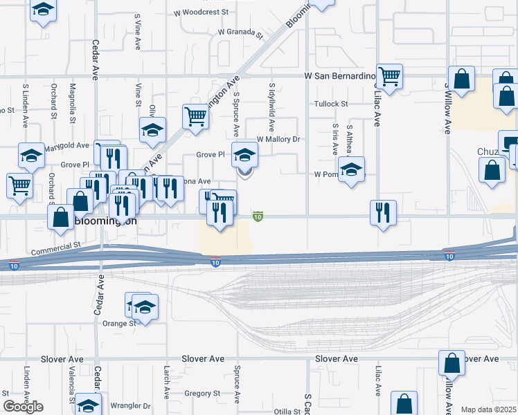map of restaurants, bars, coffee shops, grocery stores, and more near 838 West Valley Boulevard in Bloomington