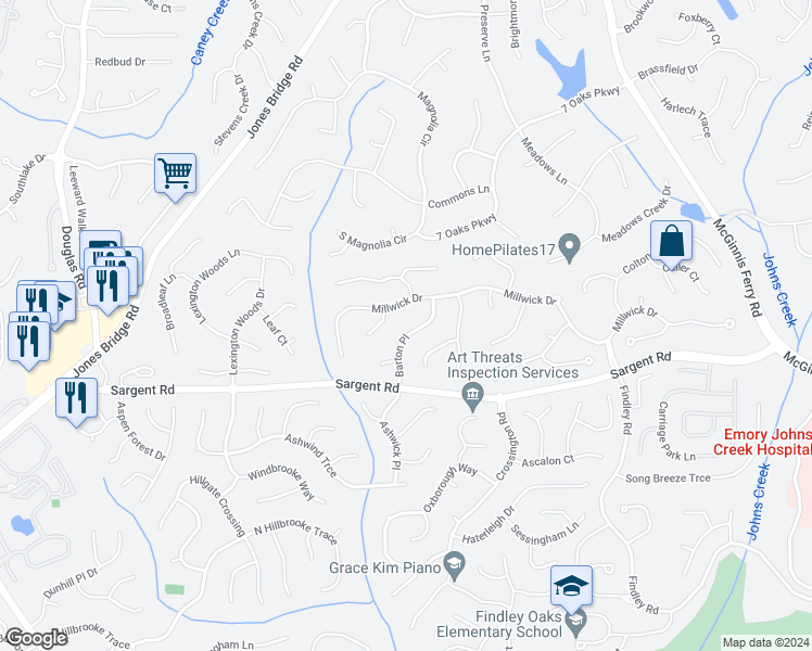map of restaurants, bars, coffee shops, grocery stores, and more near 145 Barton Place in Alpharetta