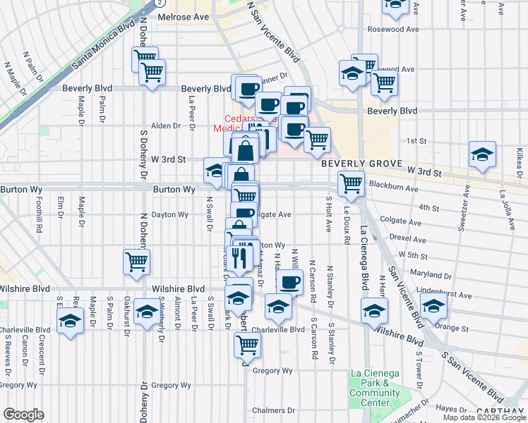 map of restaurants, bars, coffee shops, grocery stores, and more near 438 Arnaz Drive in Los Angeles
