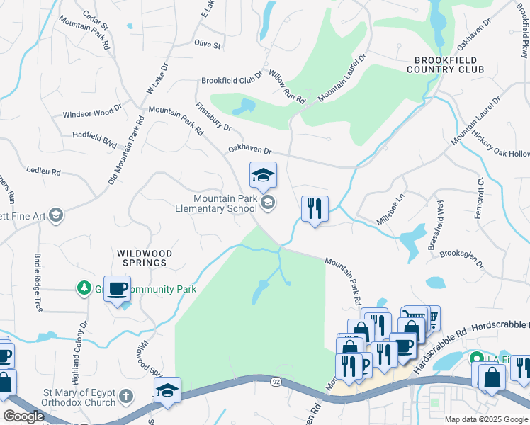 map of restaurants, bars, coffee shops, grocery stores, and more near 11895 Mountain Park Road in Roswell