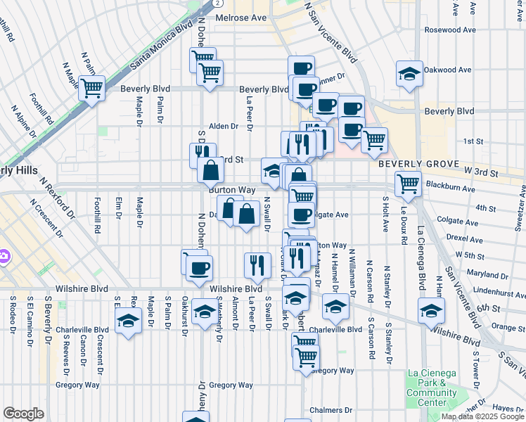 map of restaurants, bars, coffee shops, grocery stores, and more near 303 North Swall Drive in Beverly Hills
